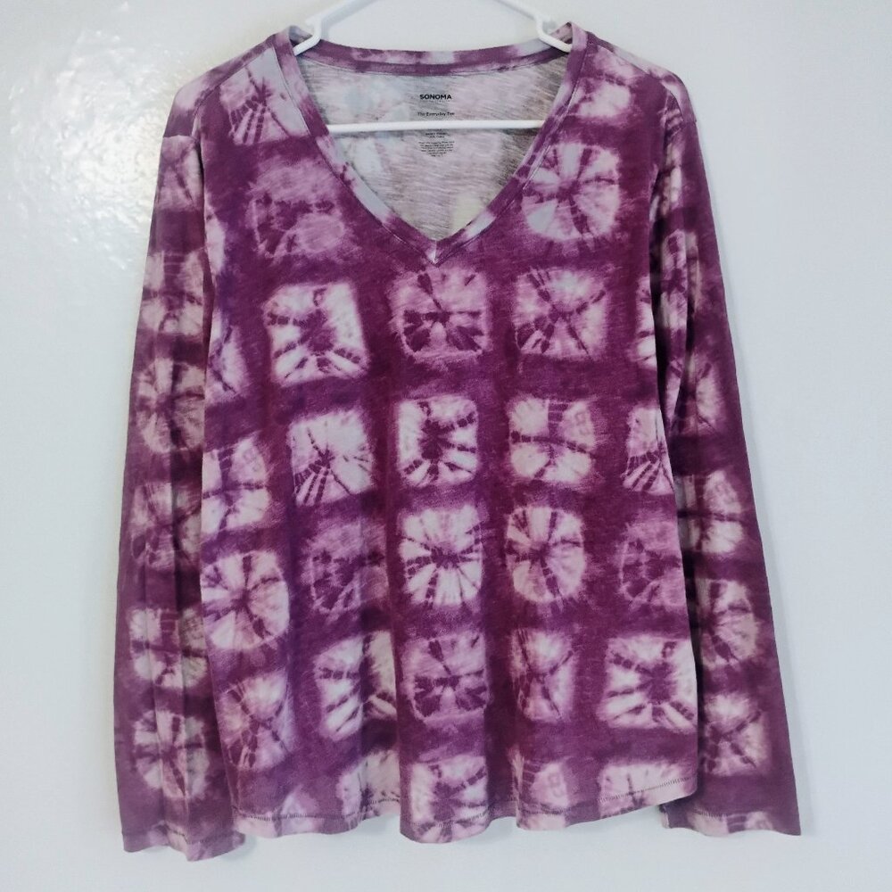 Sonoma XXL Tie Dye Top Purple V Neck Long Sleeve Casual Tee